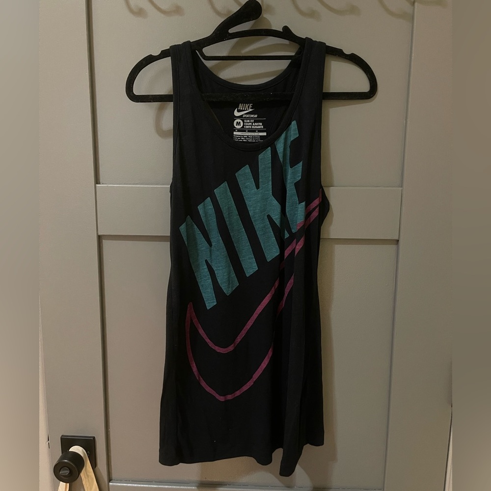 Nike razorback, slim fit, sportswear tank. Medium. Black w/ pink & blue writing.